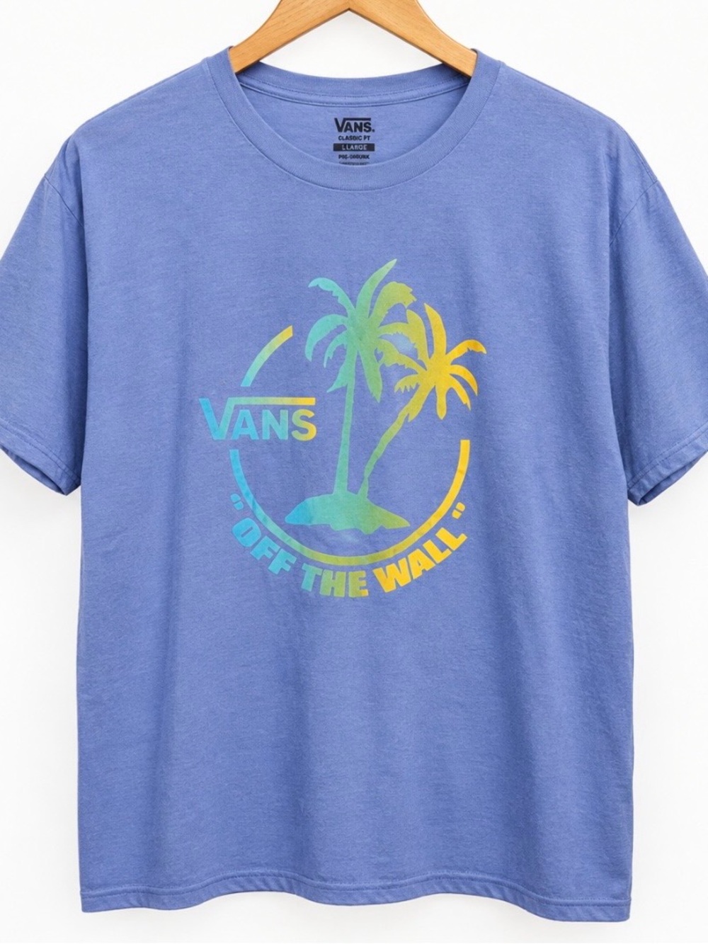 Vans Blue Tee with Rainbow Palm Island Graphic